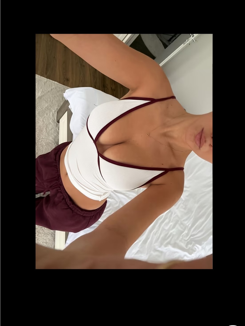 NEW CCB White Maroon Red Lined Ribbed Strappy Tank with Burgundy Trim V-Neck